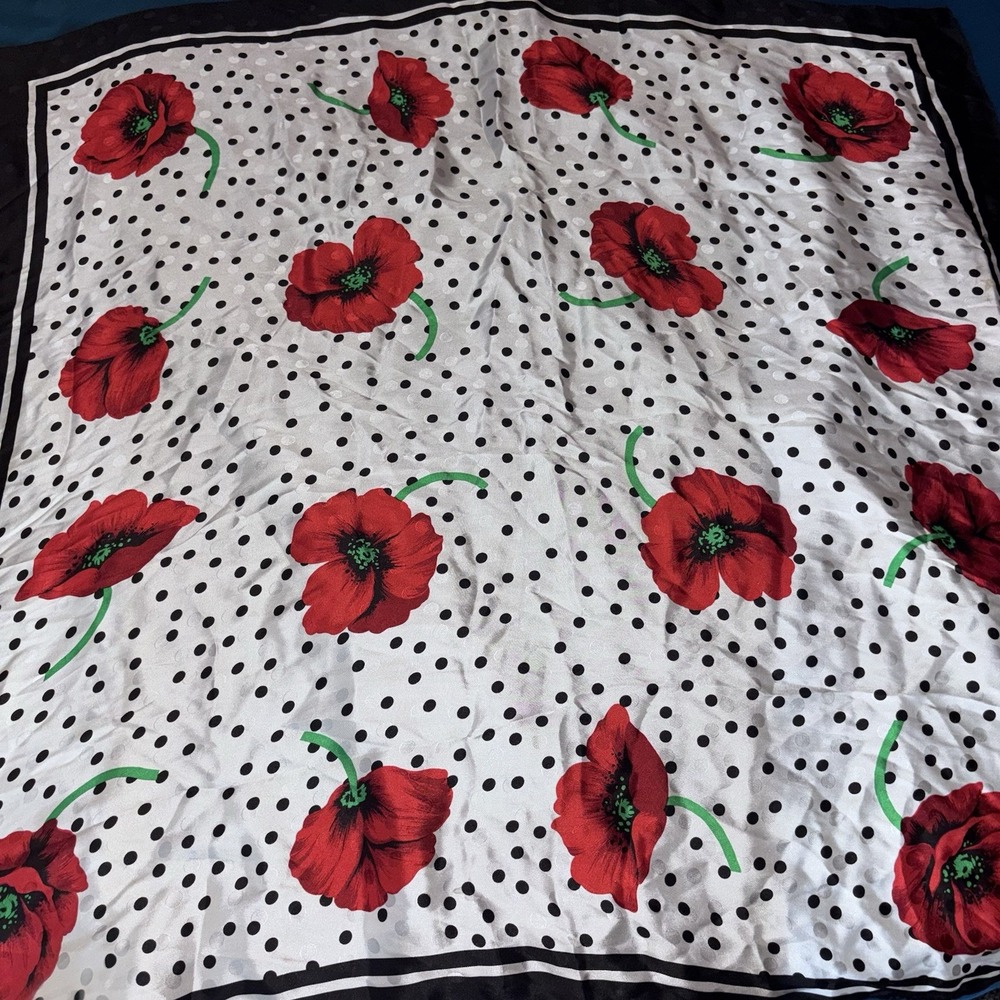 Vintage Scarf Red Poppy Flower Polka Dot Black White Square Neck Scarf 35inches